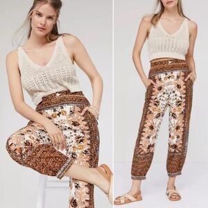 Anthropologie Cream Multi Floral Linen Harem Jogger Pants Size 8